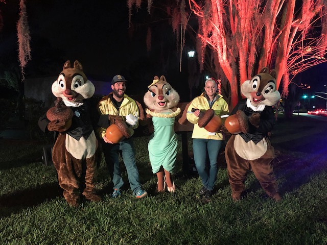 Katie and Spencer take advantage of a Photo Opportunity with Chip, Dale, and Clarice before the Half Marathon Runners arrive!