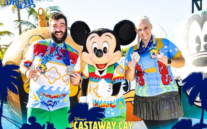 Mickey Mouse posing with Spencer and Katie on Castaway Cay